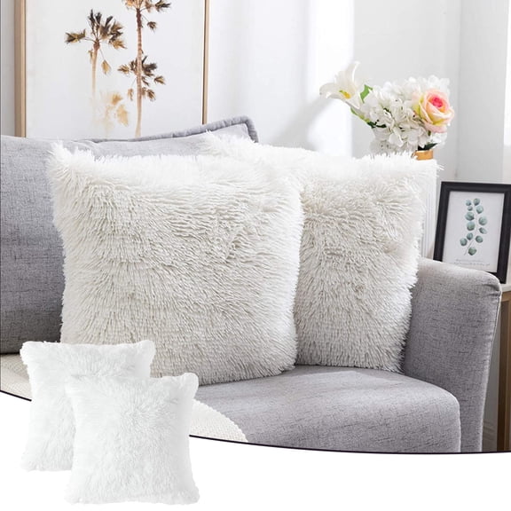 2Pcs White Throw Pillow Covers Fluffy Pillows Fur Decorative Pillows Plush Cushion Case Fuzzy Mongolian Merin Style for Christmas Decor 17x17 Inch