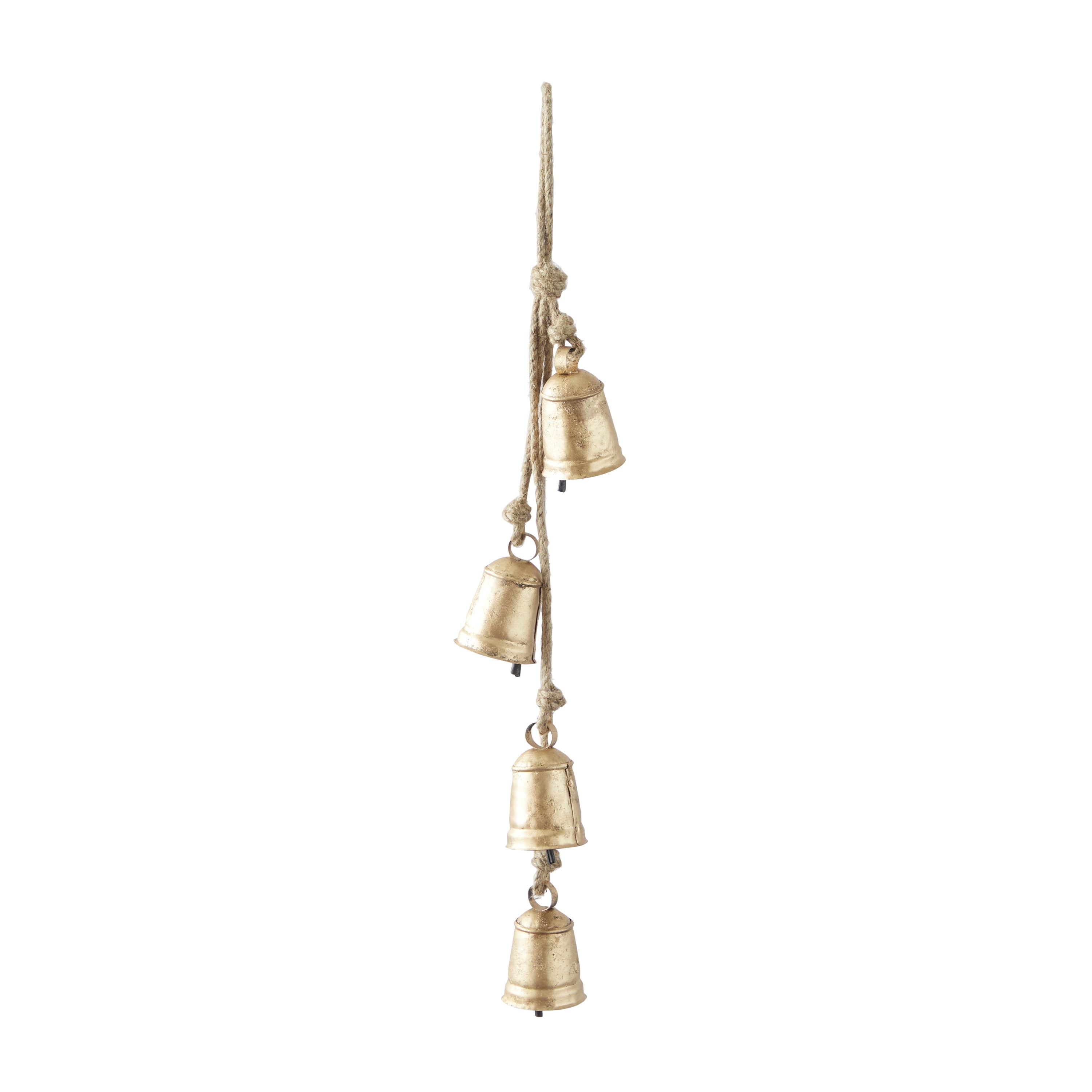 78149 by UMA - Gold Metal Tibetan Inspired Decorative Cow Bells with 12  Bells on Jute Hanging Ropes and Rod, 48 x 6 x 20