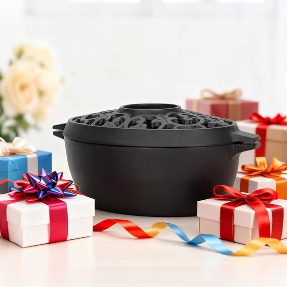 Wood Stove Steamer Humidifier, 2.5 Quart Cast Iron Pot with Porcelain Enamel Coating & Lattice Top, Rust Resistant, Decorative Humidifier for Fireplace, Home Indoor Use (Black)