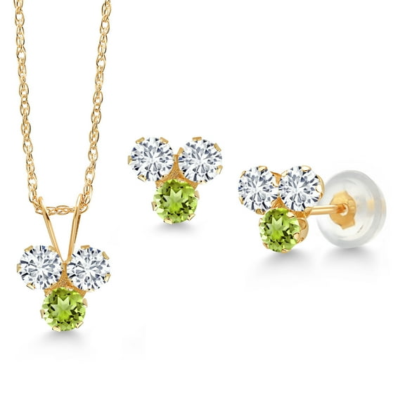 Gem Stone King 14K Yellow Gold White Lab Grown Diamond and Green Peridot 3 Stone Pendant and Earrings Jewelry Set for Women (0.96 Cttw, Round 3MM, with 18 inch Chain)
