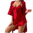 thumbnail image 2 of Tao Tao Women's 3Pcs Pajamas Satin Cami Top and Shorts with Robe Sleepwear Set Pajamas Home Suit Set Red S, 2 of 3