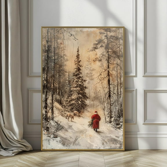 Vintage Santa and Reindeer Christmas Winter Forest Art Print, PRINTABLE Cozy Christmas Wall Art, Reindeer Painting, 8x12 UNFRAMED