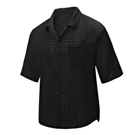 Fashion YLSDY Mens Casual Button Down Top Short Sleeve Knit Vacation Beach Hawaiian Summer Tee Mesh Crochet Shirt with Pocket Black XL
