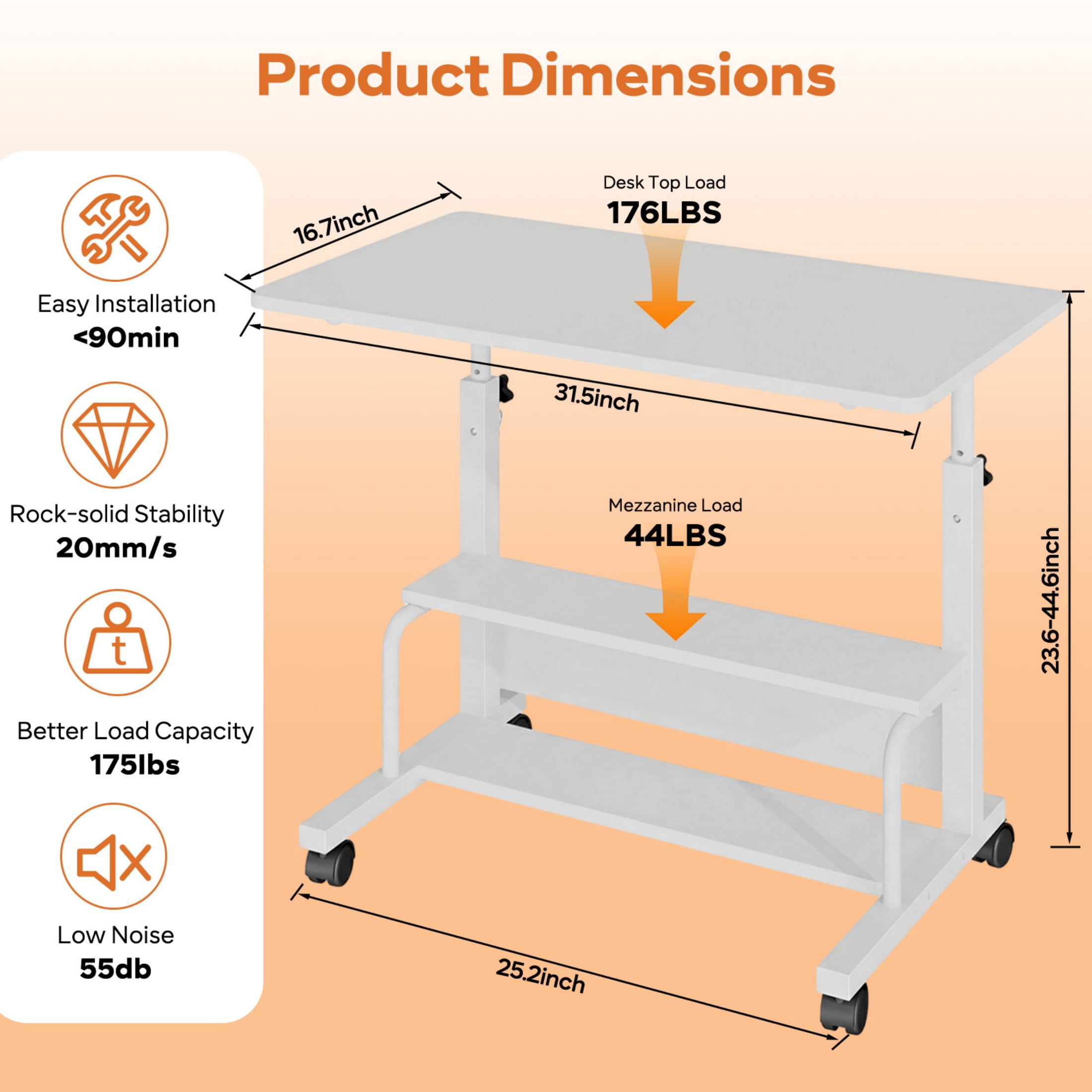 CONCETTA 31.5'' Adjustable Height Rolling Computer Desk with Storage Shelves, Portable Mobile Desk for Small Spaces Home Office, White