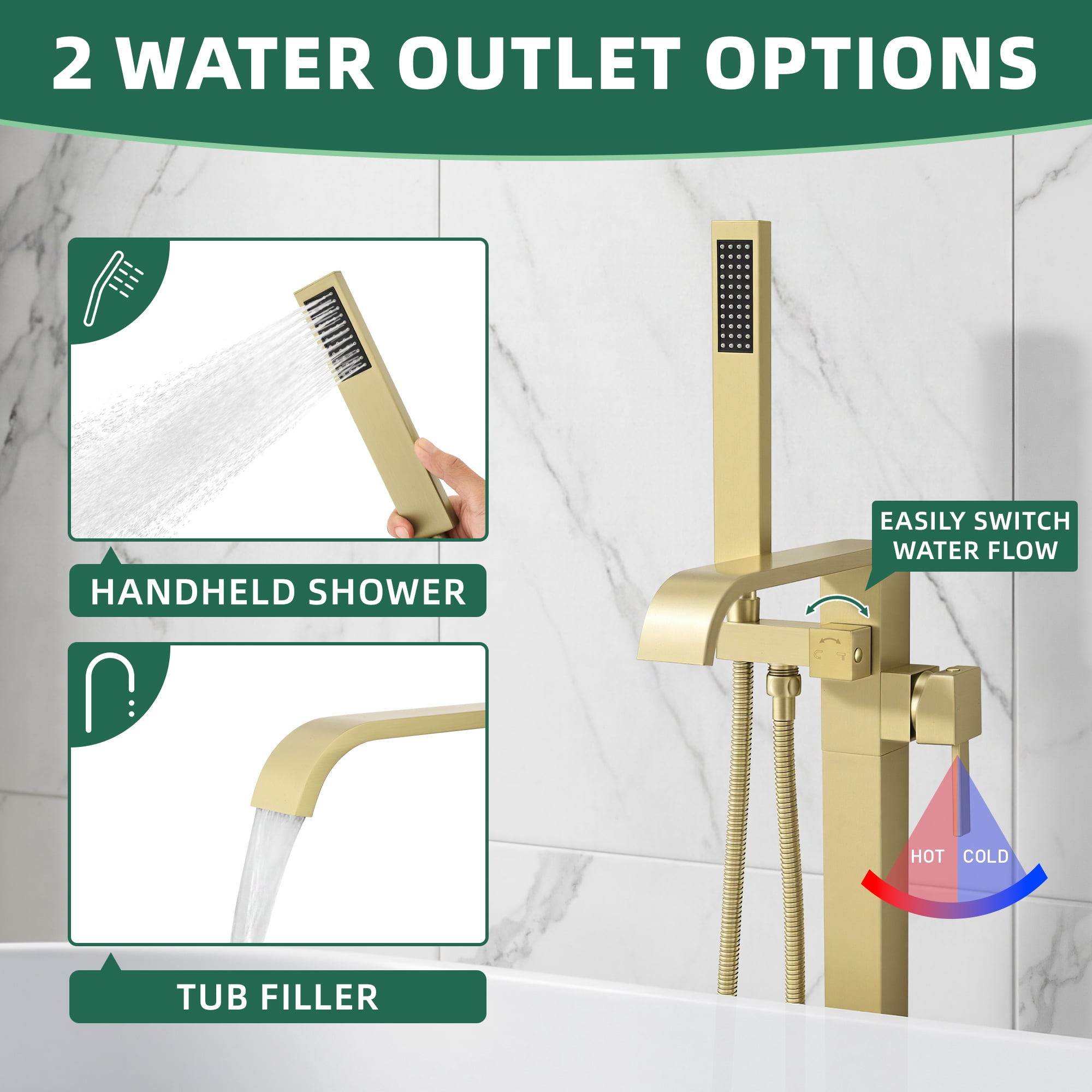 Free Standing Tub Faucet, High Flow Freestanding Bathtub Faucet with Waterfall Spout & Handheld Shower, 360°Swivel Tub Filler, Brass Body, Brushed Gold