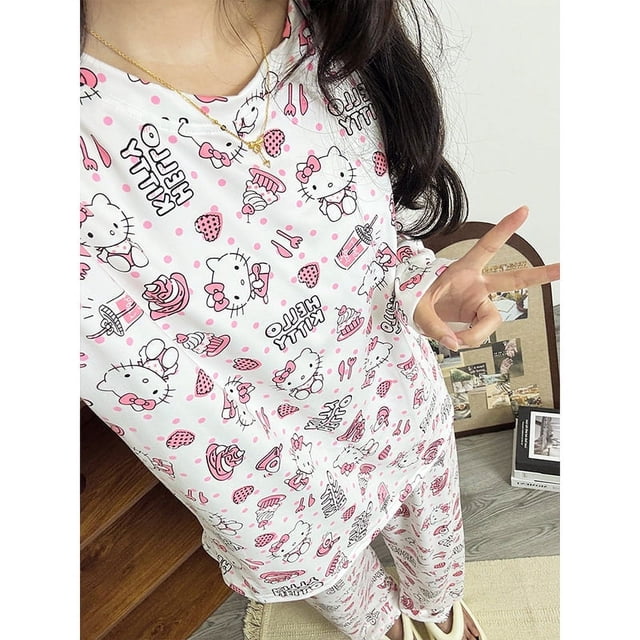 Pijama de Hello Kitty estilo japonés estilo Instagram, pantalones de manga larga para mujer, ropa de casa para estudiantes con dibujos animados de primavera y otoño