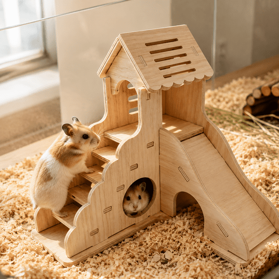 Wooden Hamster Maze Villa with Slide Seesaw Chew Proof Hideout Cage Accessories Playground for Hamsters Gerbils Small Animals