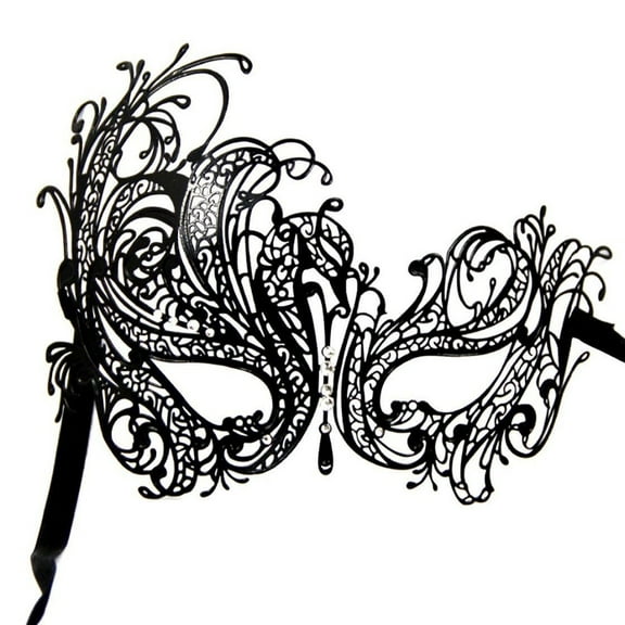 Black Swan Metal Filigree Laser Cut Venetian Masquerade Mask with Clear Crystals