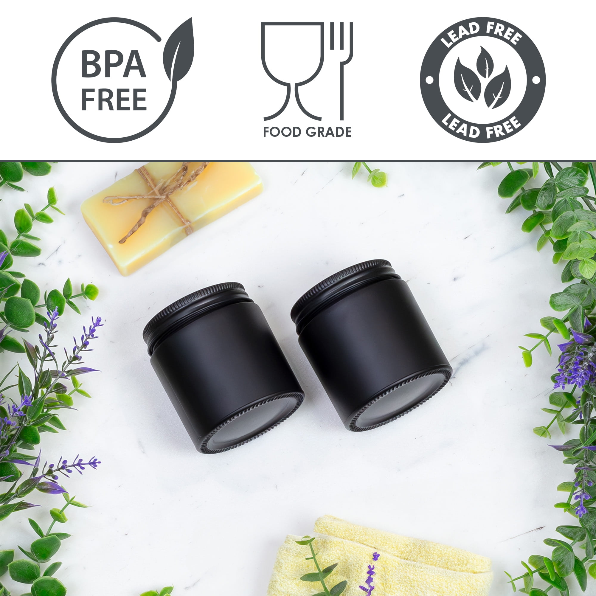 Cornucopia Brands 4oz Black Coated Glass Jars (12-Pack); Cosmetic Jars w/ Black Metal Lids and Black Matte Exterior, 4-Ounce