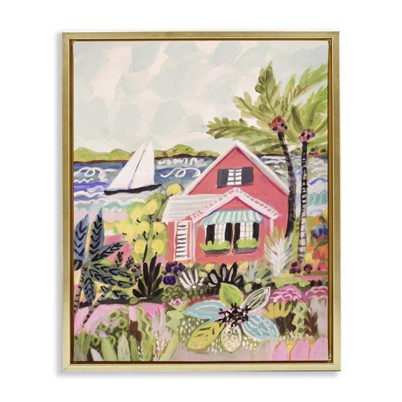 Stupell Industries Asian Inspired Tropical Cottage Scenery Gold Floating Frame Canvas Art, 17 x 21, by Karen Fields