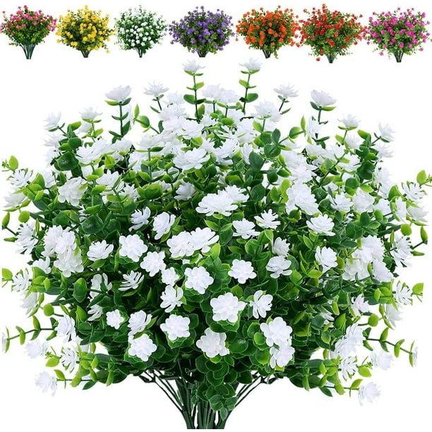 XmhyTop 10 paquetes de flores artificiales para exteriores resistentes a los rayos UV, decoración de estilo rústico para el hogar (blanco)