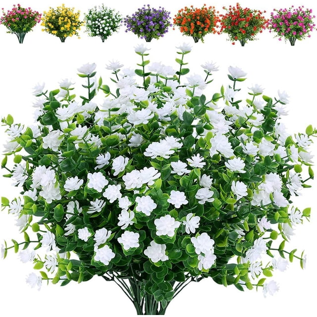 Xiao Hua 10 manojos de flores artificiales para exterior, resistentes a los rayos UV, para decoración rústica (blanco)