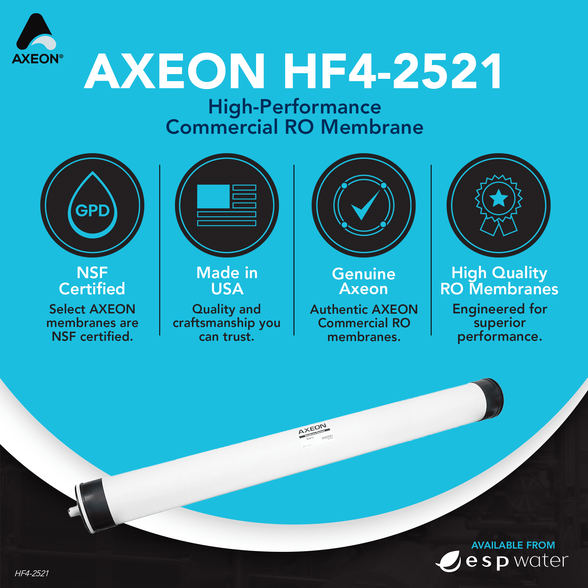 Axeon HF4-2521 RO Membrane – 400 GPD, 2.5 x 21 Inch, Low-Pressure Reverse Osmosis