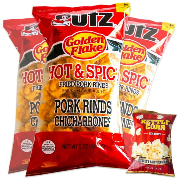 Utz Hot and Spicy Pork Rinds (3, 5oz bags) - Variety Pack - Light and Airy Chicharrones - Keto Friendly - Sweet and Salty Kettle Popcorn (1, 5.5oz) - 4 Bags Total