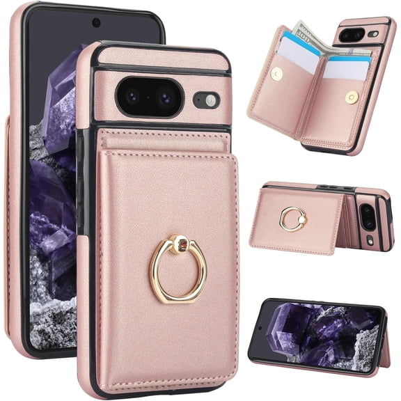 REQO for Google Pixel 8 Wallet Case, Leather Case with Credit Card Holder and 360° Rotation Ring Stand, RFID Block Flip Leather Shockproof Cover