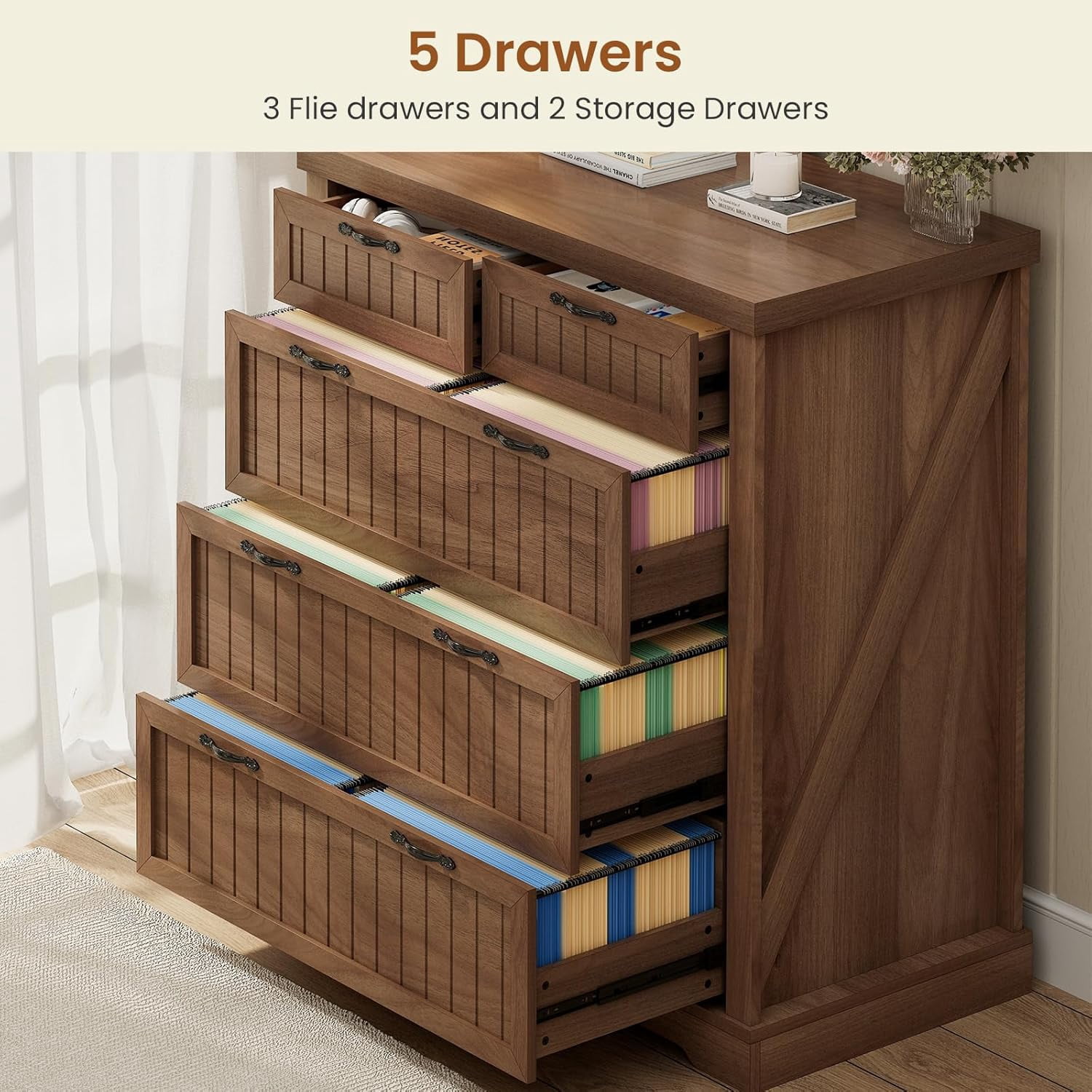 SEDETA File Cabinet with 5 Wood Drawers, Farmhouse Filing Cabinet for Home Office, Wood Office File Cabinets for Letter/Legal/A4 Size, Lateral File Cabinets with Printer Stand, Brown