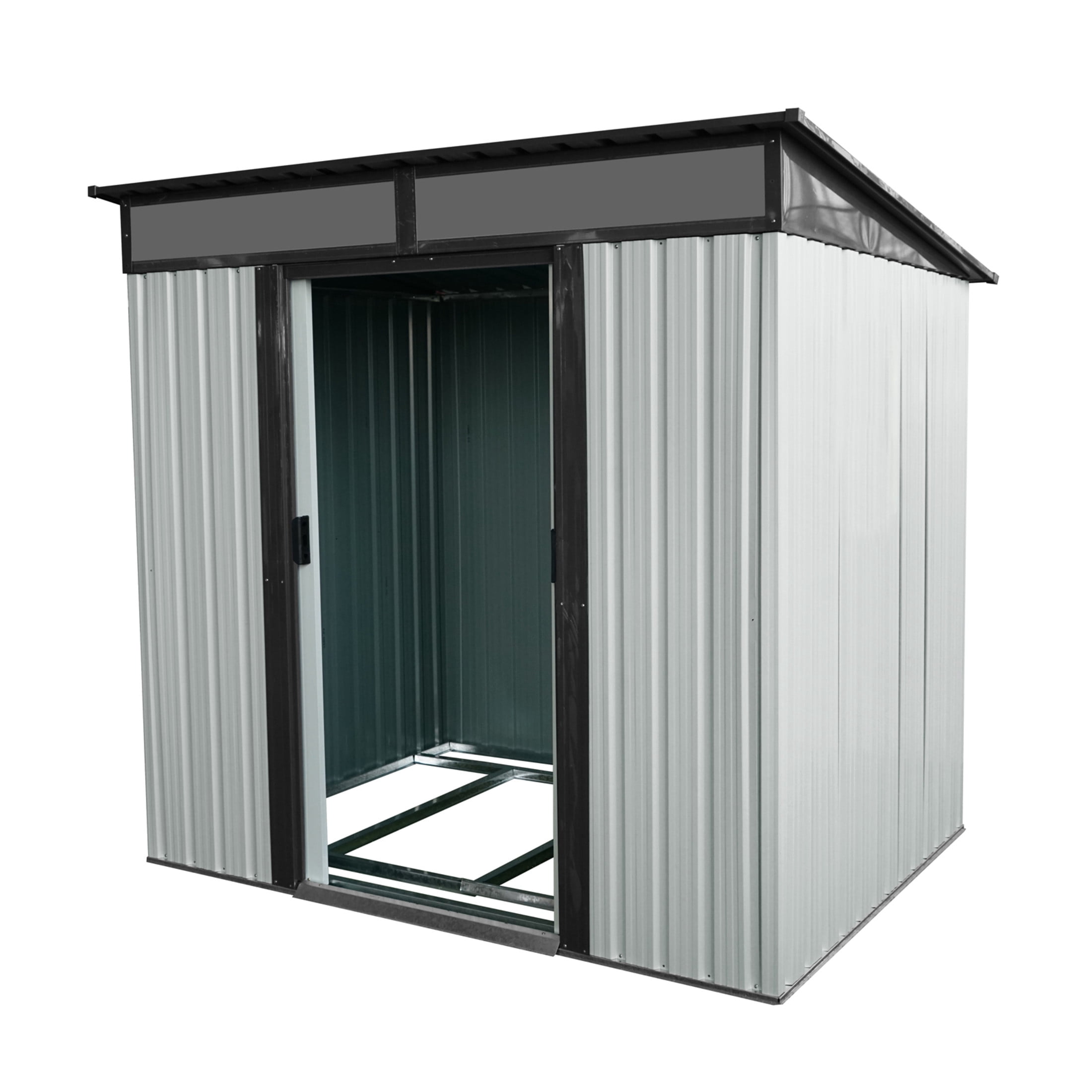 Noble House 6x5 FT Outdoor Metal Storage Shed with Sliding Doors, Galvanized Iron Garden Tool Utility Enclosure, Black White