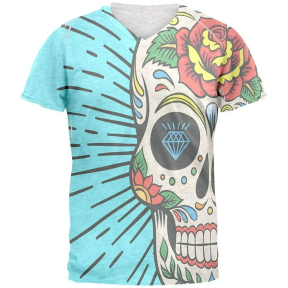 Sugar Skull Heather White Adult Soft V-Neck T-Shirt - X-Large