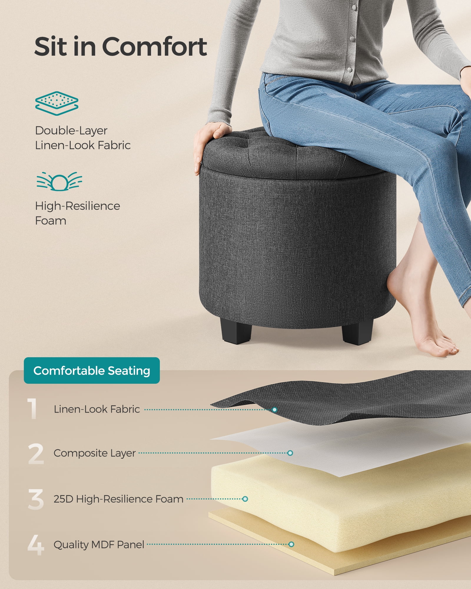 SONGMICS Round Storage Ottoman with Sturdy Legs, 17.7 Inch Diameter Foot Rest, Footstool Holds 330 lbs, Dark Gray