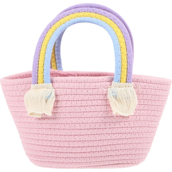 TAILTOSS 1Pack Pink Rainbow Rectangular Cotton Thread Handbag for Women Portable Large Capacity present Woven Design Beach Shopping Party Daily Use Leisure Walking Outings Picnics