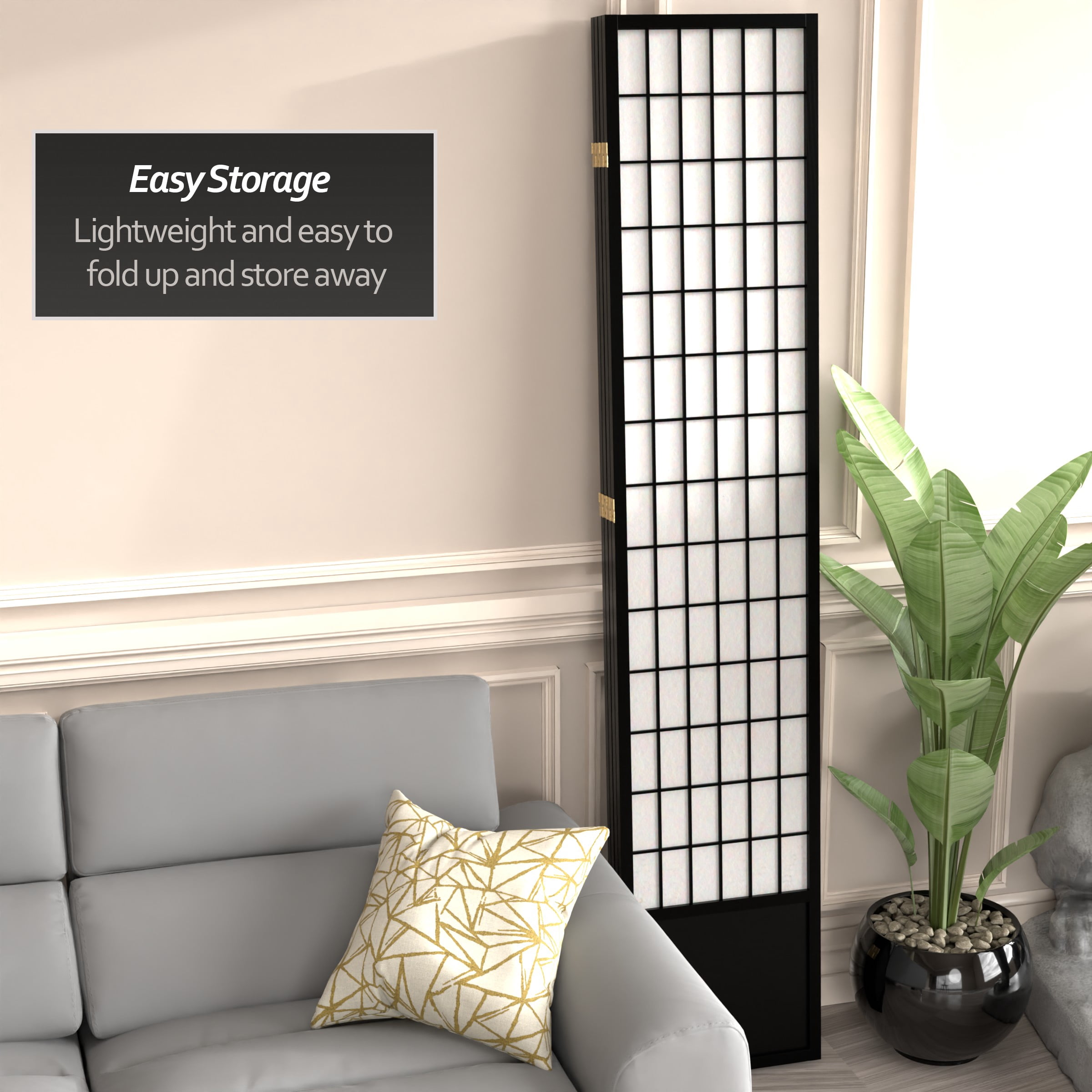 Red Lantern 7 ft. Tall Window Pane Shoji Screen - Black - 4 Panels