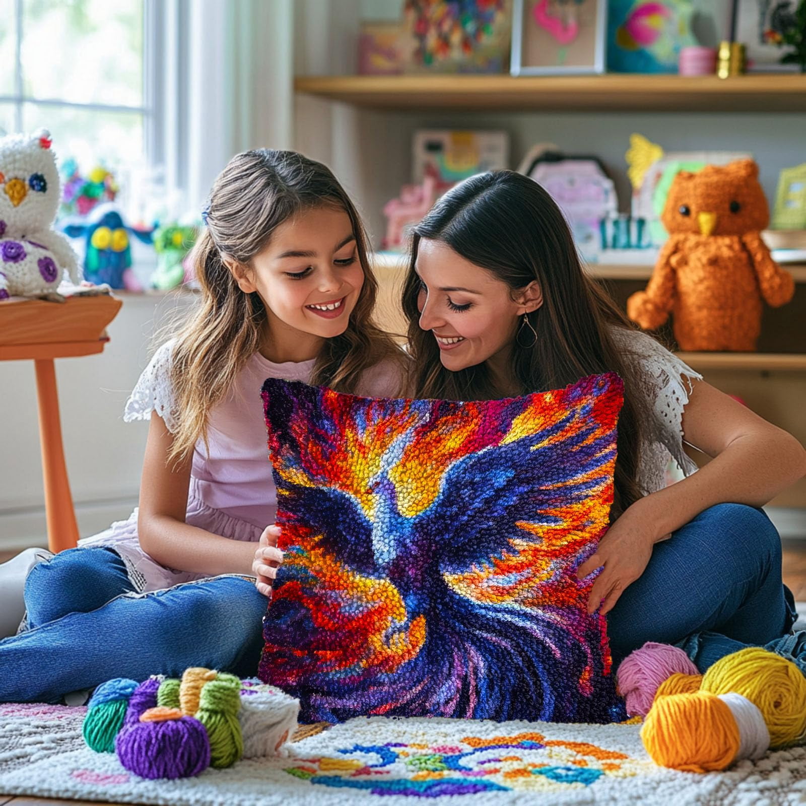 Flying Bird in Fire DIY Latch Hook Pillow Kits for Adults Printed Pillowcase Crochet Yarns Hooking Handmade Pillow Cover Cushion for Home Sofa Decoration 17x17inch(2)