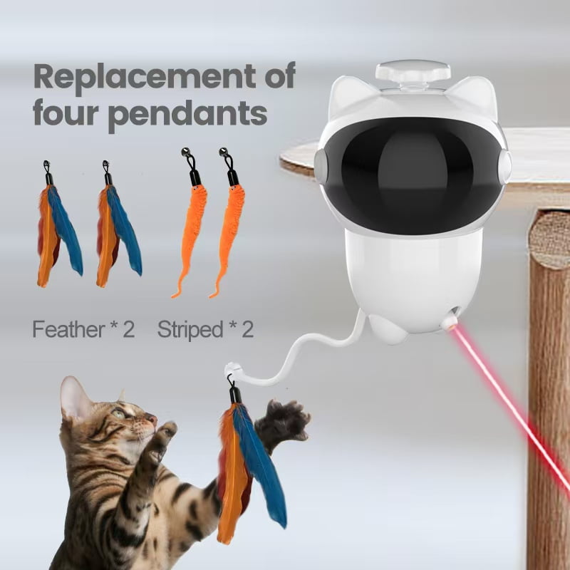 360° Rotating Laser Feather Cat Toy with 4 Replacement Pendents, White & Black Cat Head
