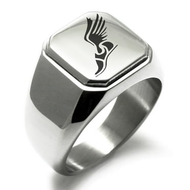 Tioneer Stainless Steel Engraved Square Flat Top Biker Style Polished Signet Ring
