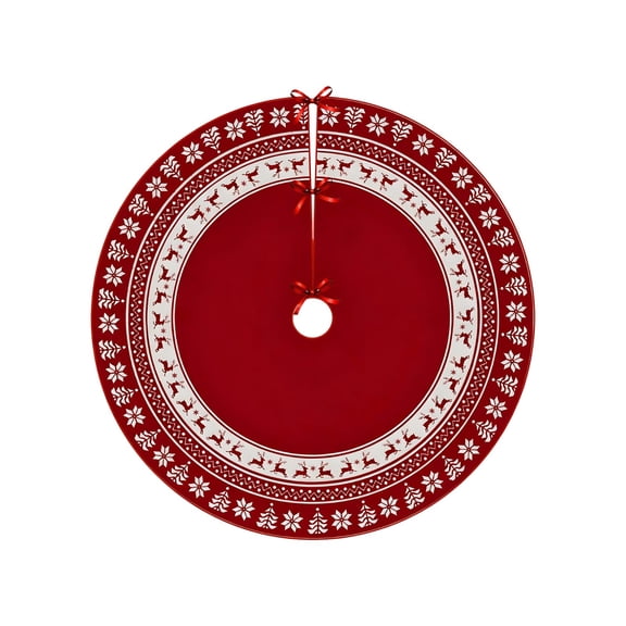 Beautynvta Christmas Tree Skirt, 35.4'' Red White Christmas Tree Snowflake Reindeer Painted Tree Skirt, Winter Xmas Tree Mat Decorations for Home Party Holiday Decorations