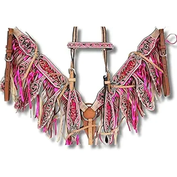 Western Premium Leather Equestrian Headstall, Breast Collar, Reins & Wither Straps - Hand-Carved Tooled Beaded Design (FULL)