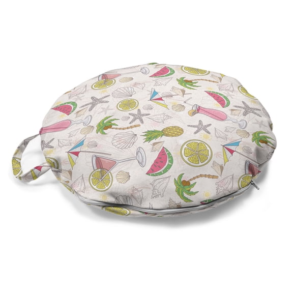 Summer Round Floor Cushion with Handle, Pastel Colorful Themed Pattern with Watermelon Palm Lemon Umbrella, Decorative Pillow for Living Room & Dorms, 18" Round, Pale Eggshell Multicolor, by Ambesonne