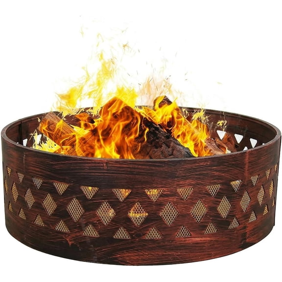 36-Inch Outdoor Fire Pit Ring with Poker - Round Heavy-Duty Steel Fire Ring for Camping or Backyard - Crossweave - 12" H
