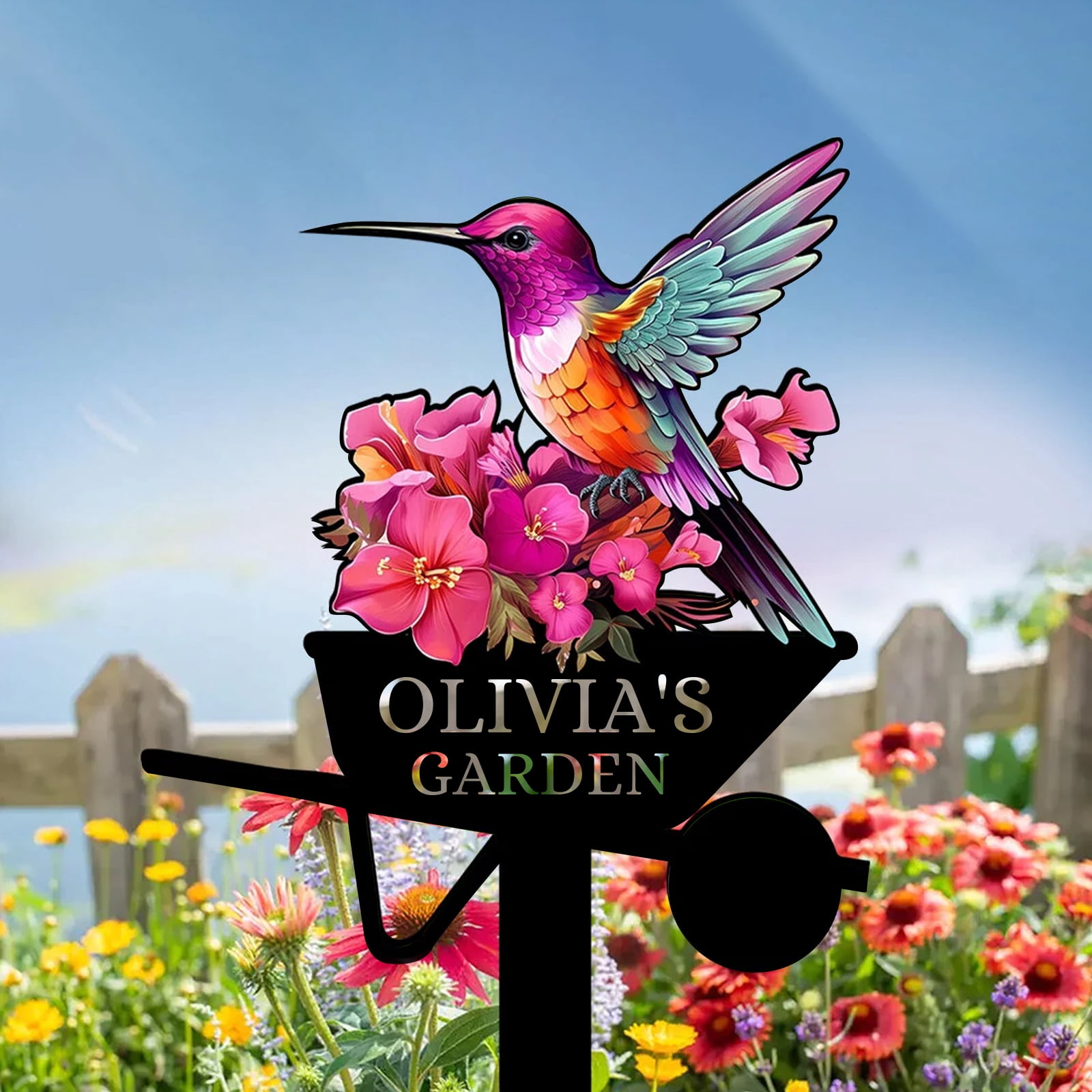 Personalized Garden Sign, Colorful Bird Metal Signs Customized, Personalized Garden Stake Metal Sign, Custom Flowers Bird Garden Name Sign Yard Sign, Garden Art Outdoor Decor for Patio(10inches)