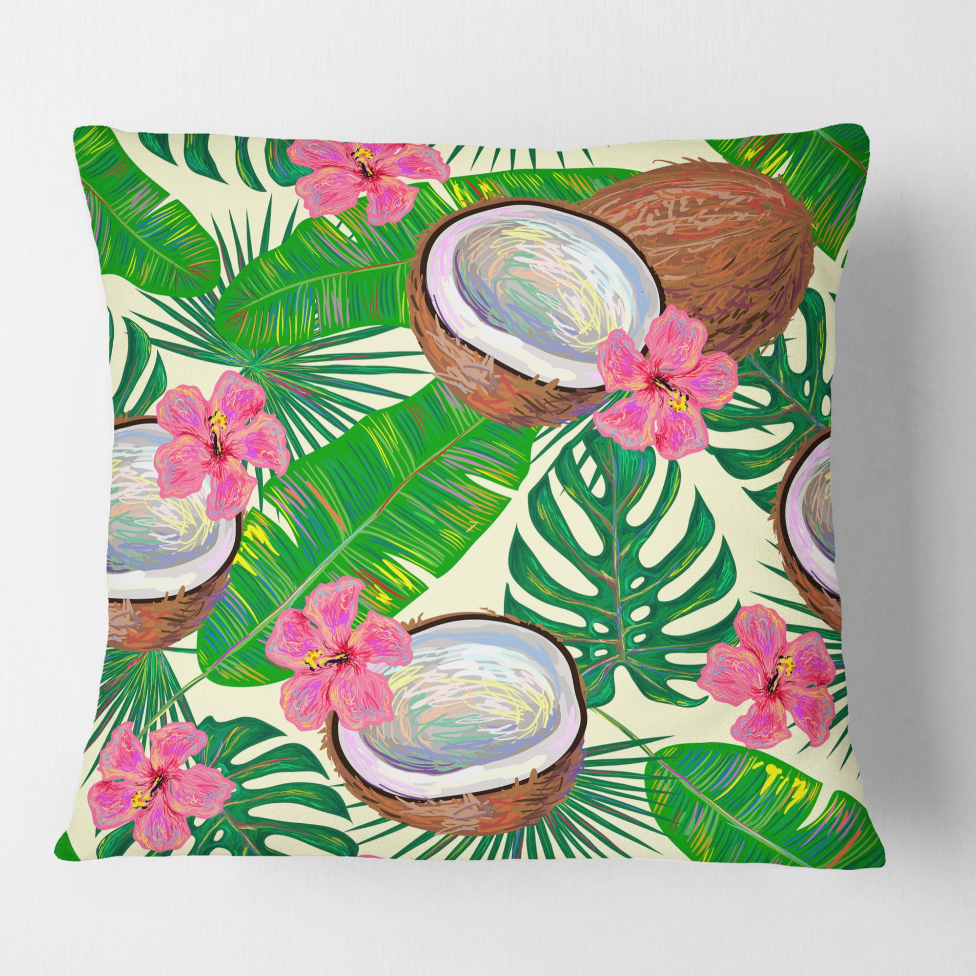Designart Tropical Cooconut and Jungle Flowers' Mid-Century Modern Throw Pillow - 16x16