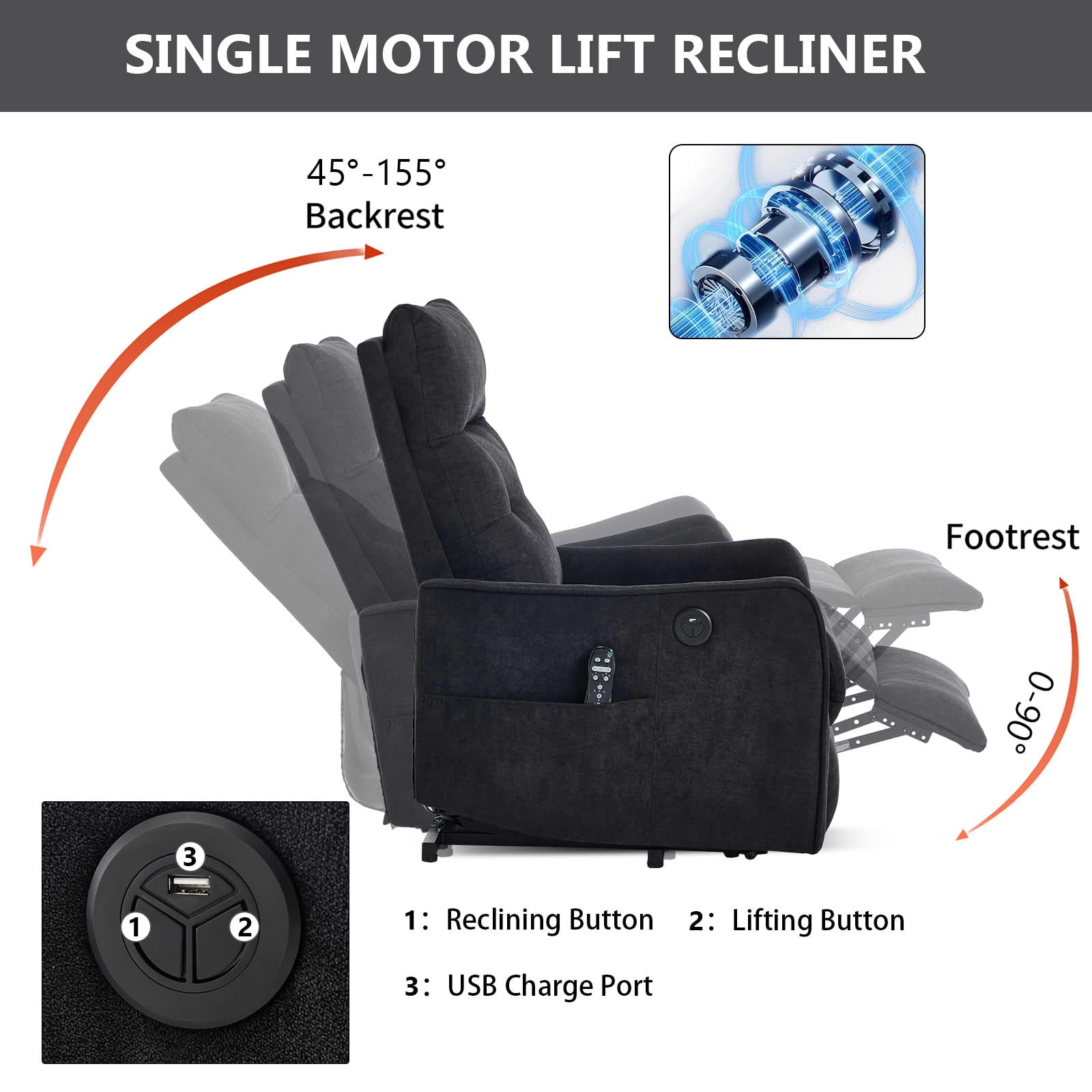 MAYEERTY Black Single Motor Power Lift Recliner, 155° Chenille Massage Heat Chair with USB for Elderly Living Room