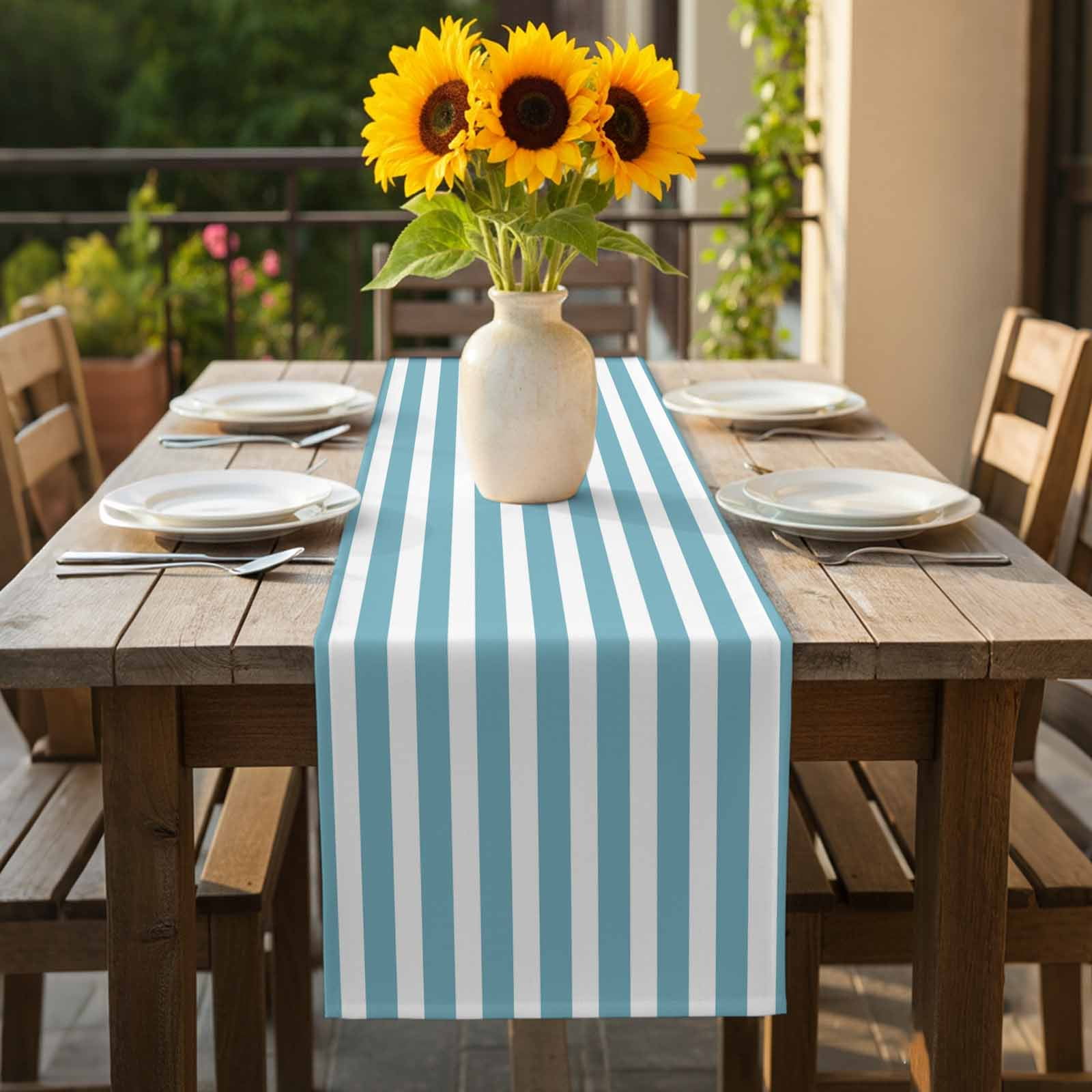 Cyan and White Striped Table Runner 13x120 inch Gradient Cotton Linen Dining Table Runner Ideal for Dresser Kitchen Coffee Tables - Machine Washable