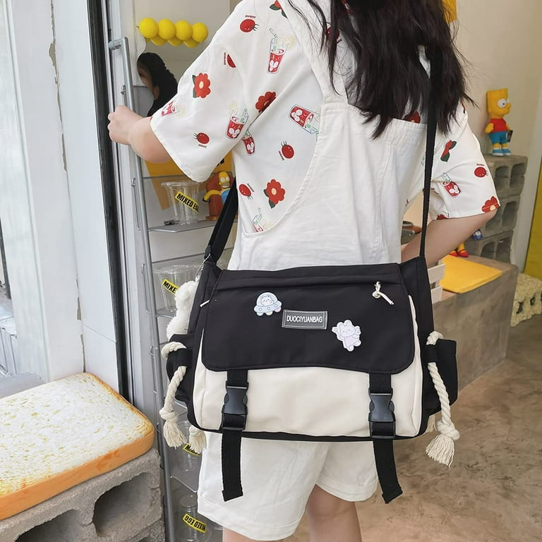QWZNDZGR Aesthetic Messenger Bag with Stuffed Pendant and Pins Kawaii  Crossbody Bag for Women Girls School Messenger Bag 