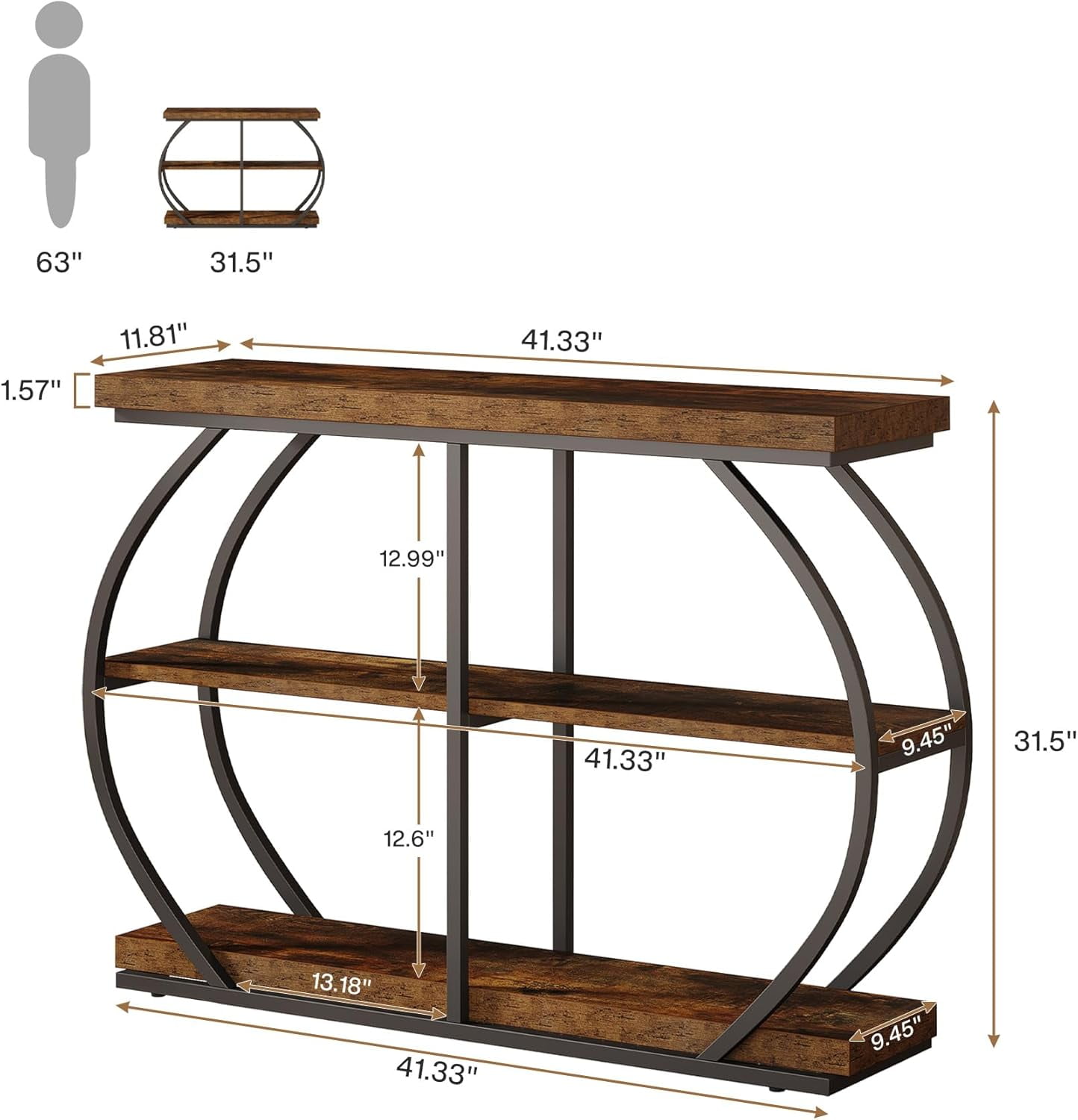 Tribesigns 41.3" Industrial Console Table: 3-Tier, Arched Metal Frame, Entryway Table with Storage Shelves, Rustic Brown & Black