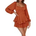 thumbnail image 3 of Vestido con volantes y hombros descubiertos, mameluco con cuello cuadrado y mangas abullonadas para mujer, vestido con vuelo de playa fluido en capas ahumadas, 3 of 5