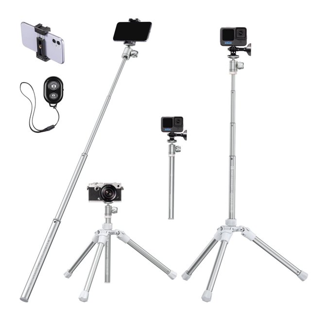 K&F Concept 67"/170cm Aluminum Selfie Stick Tripod, Extendable Monopod Tripod, Portable Smartphone Mount with Wireless Remote Control for DSLR Camera Cellphone- Silver