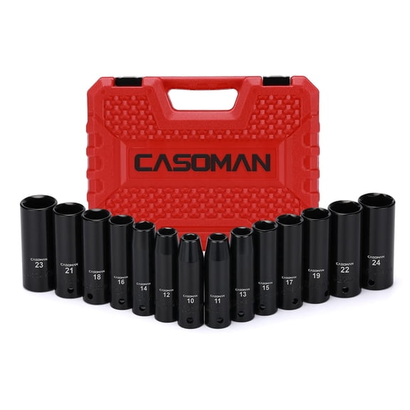 CASOMAN 14-Piece 1/2-inch Drive Deep Impact Socket Set, 10mm-24mm, 6-Point, Metric, Cr-V