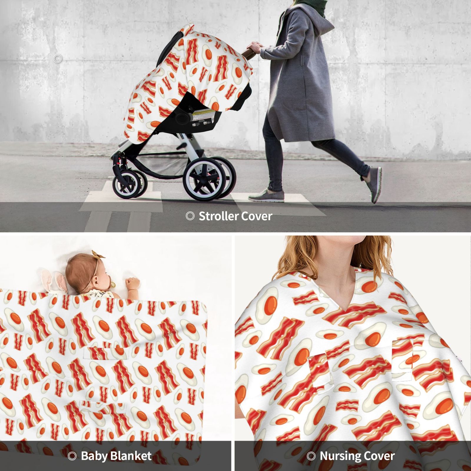 Car Seat Cover Baby - Hobo Eggs Bacon Print Red White Breathable Infant Car Seat Cover for Baby Carseat, Lightweight Comfort Baby Essentials Must Haves Newborn Stuff for Girl Boy