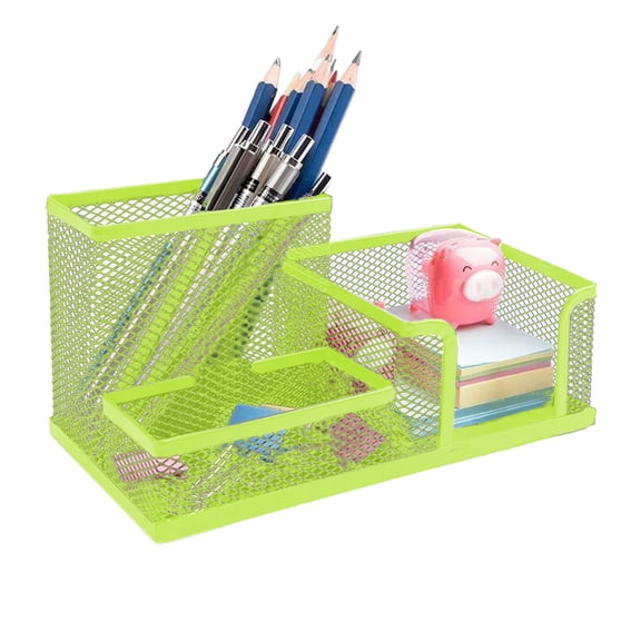 Mesh Pen and Pencil Holder, Desktop Stationery Desk Organizer, 3 Compartment Wire Desktop Pen Pencil Cup Caddy Office Supplies Desk Accessories for Home Office, Green