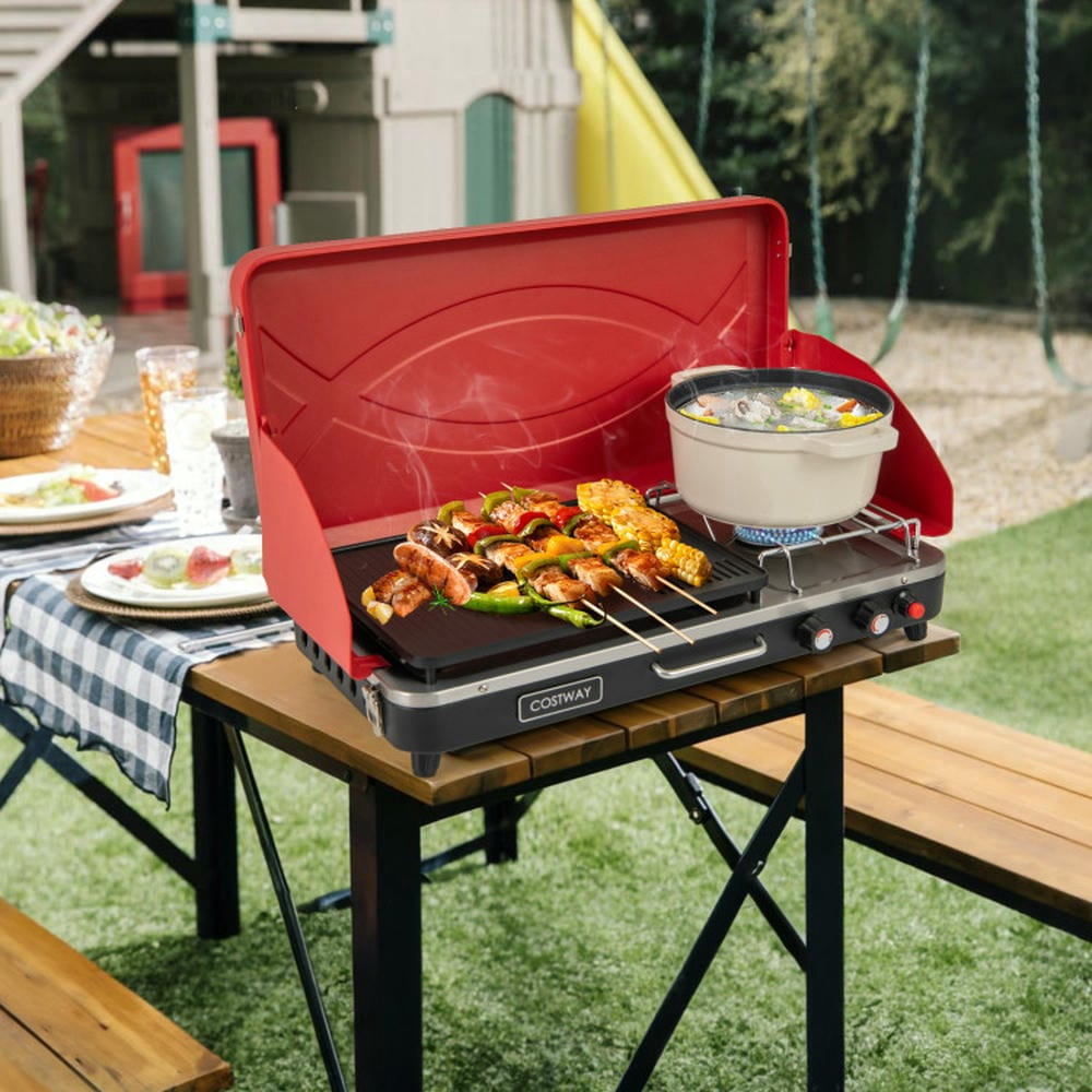 Barara King BBQ Grill, Outdoor Camping Grill,2-in-1 Gas Camping Grill and Stove with 4 Detachable Legs-Red