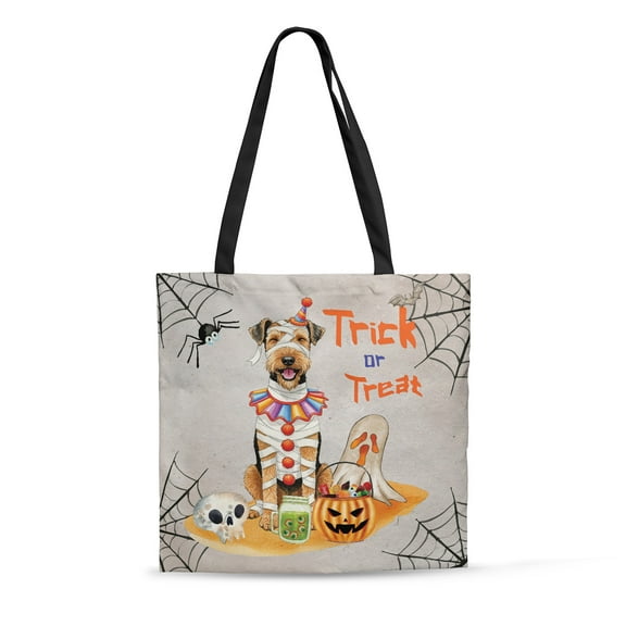 Trick or Treat Airedale Terrier Funny Mummy Cosplay Pumpkin Candy Basket All Over Print 3D Canvas Tote Bag Dale Waterside Dog Lover Reusable Handbag - 12016
