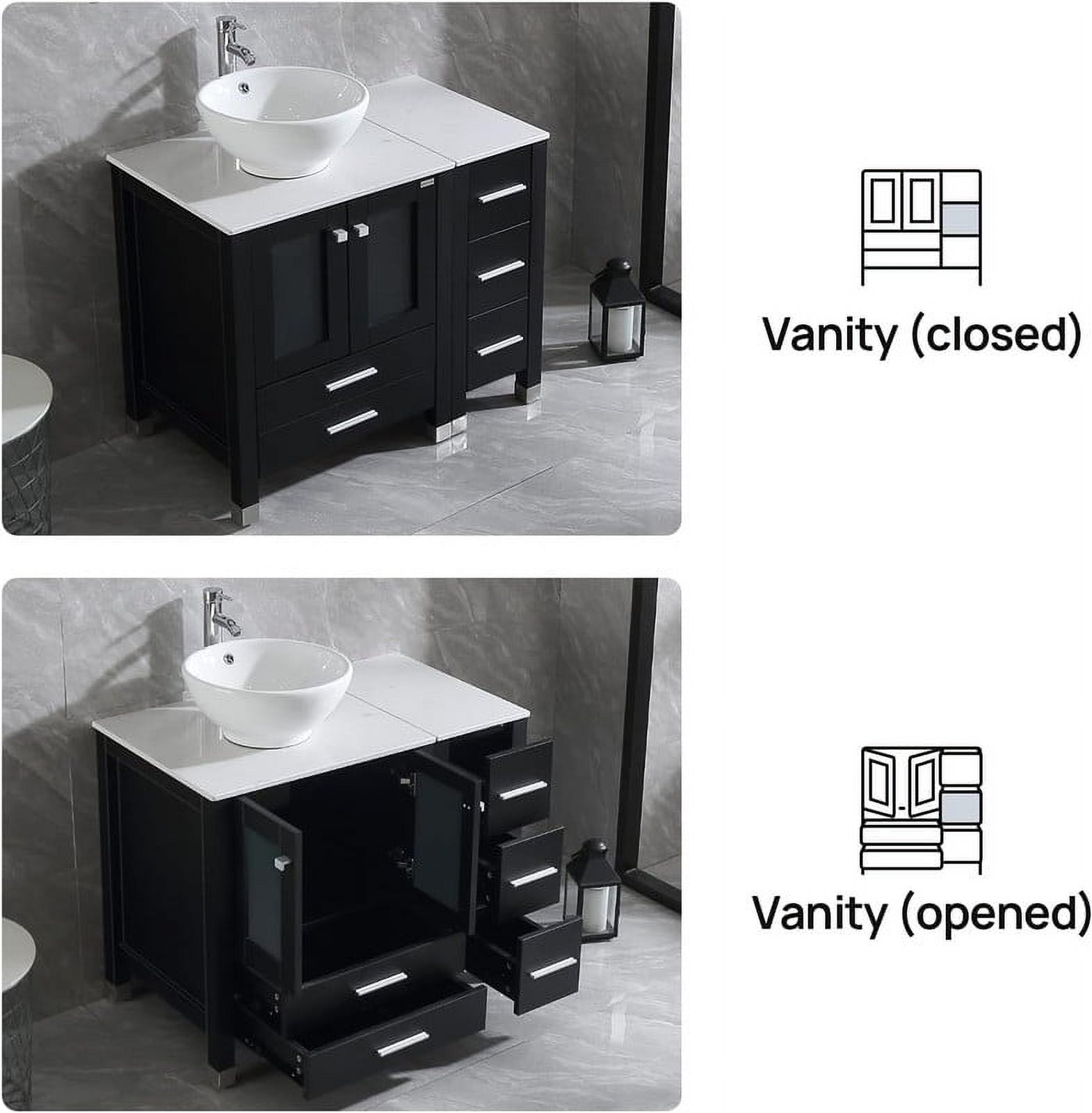 Wonline 36" Luxurious Bathroom Vanity and Sink Combo Wood Cabinet Top Round Ceramic Vessel Sink Faucet Drain Combo with Mirror Vanities Set,Black