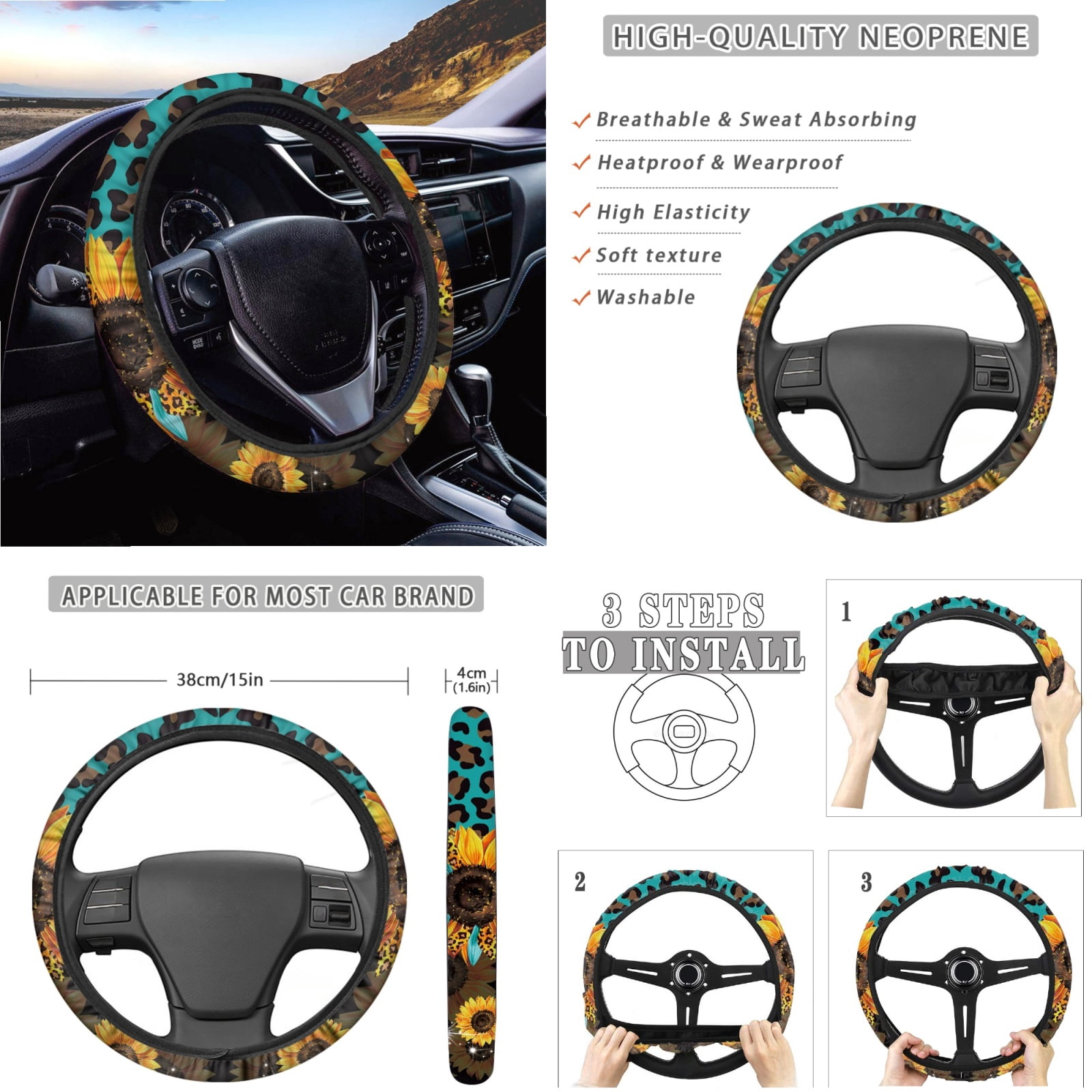 Jeiento Sunflower Car Seat Covers Front Rear Full Set Steering Wheel Cover Seat Belt Pads Coasters Waste Bin Leopard Print Armrest Cover Cup Holders Rearview Mirror Cover Handbrake Cover Set, 14 PCS