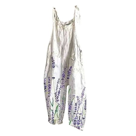 

Usmixi Womens Jumpsuits Loose Baggy Casual Cotton Linen Strap Jumpsuits Overalls Trendy Daisy Print Round Neck Sleeveless Long Summer Rompers Purple xl