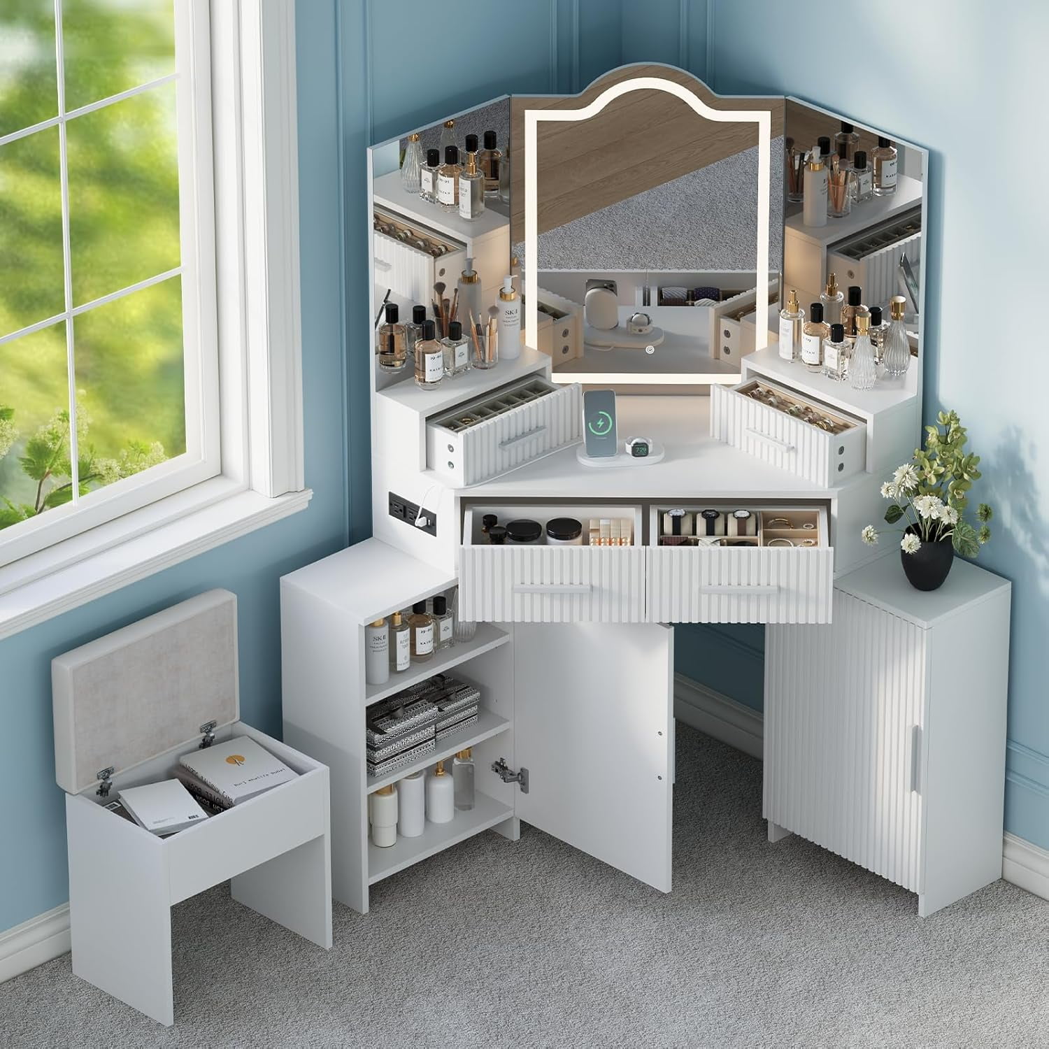 Fluted Makeup Vanity Desk with HD 3 Way Mirror and Lights, 51" Large Corner Vanity Table with Charging Station, Dressing Table with 4 Drawers & 2 Storage Cabinets for Bedroom, White