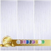 TONIFUL 3Pcs White Metallic Tinsel Foil Fringe Curtains,3.28ft x 6.56ft White Photo Booth Backdrop Streamer for Party Door Wall Curtains Bachelorette Birthday, Christmas,New Year Decorations